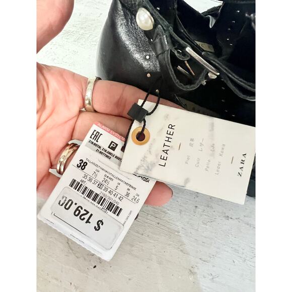 NWT Zara Leather Studded Pearl Cutout Ankle Biker Bootie Black Women's Size 7.5 - Picture 6 of 10